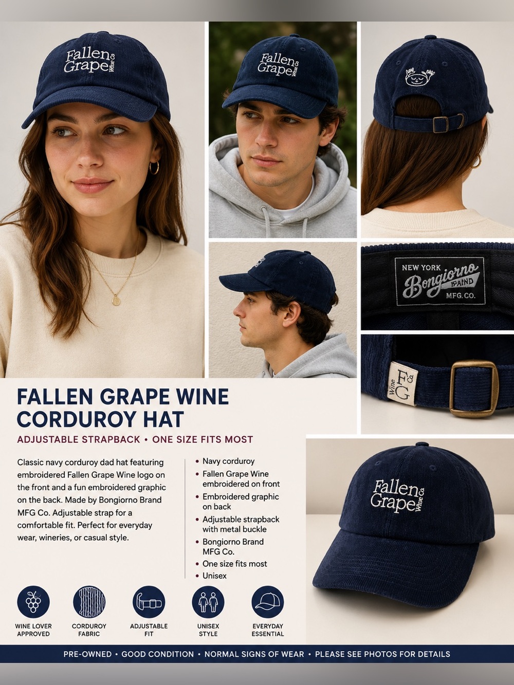 Fallen Grape Wine Corduroy Strapback Hat Navy Blue NWOT Adjustable Dad Cap